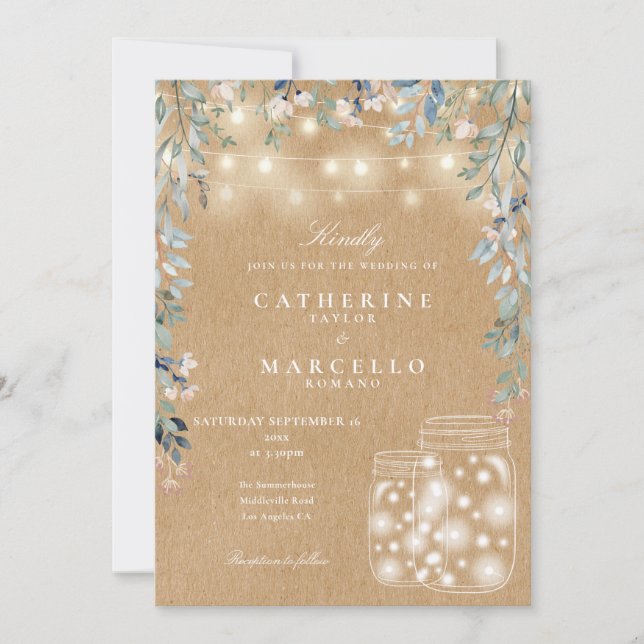 Invitation Lumière de corde florale Pot Mason Rustique Kraft  (Devant)