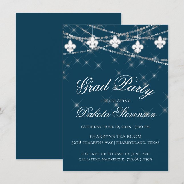 Invitation Lumière de la Marine Bleue Fleur de Lis | Graduati (Devant / Derrière)