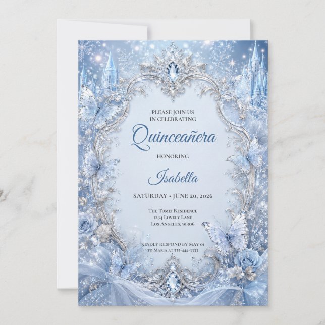 Invitation Lumière d'hiver Bleu Argent Princesse Quinceañera (Devant)