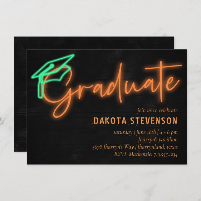 Invitation Lumière orange néon | Graduation moderne rétro (Devant / Derrière)