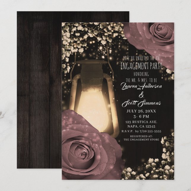 Invitation Lumière Rustique Lanterne Rose Poussiéreux Fleurs  (Devant / Derrière)
