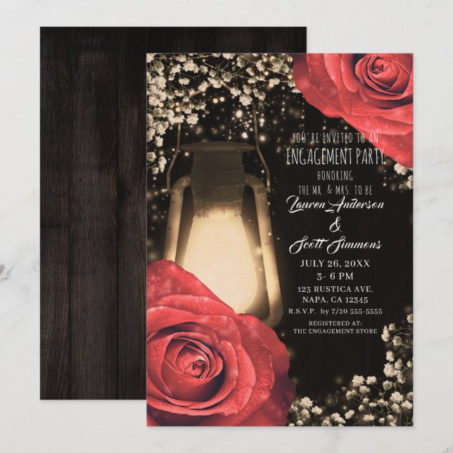 Invitation Lumière Rustique Lanterne Roses Rouges Fête de Fia (Devant / Derrière)
