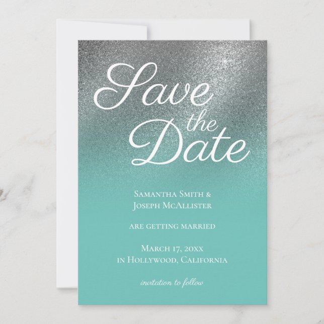 Invitation Lumière Turquoise Silver Fine Parties scintillant  (Devant)