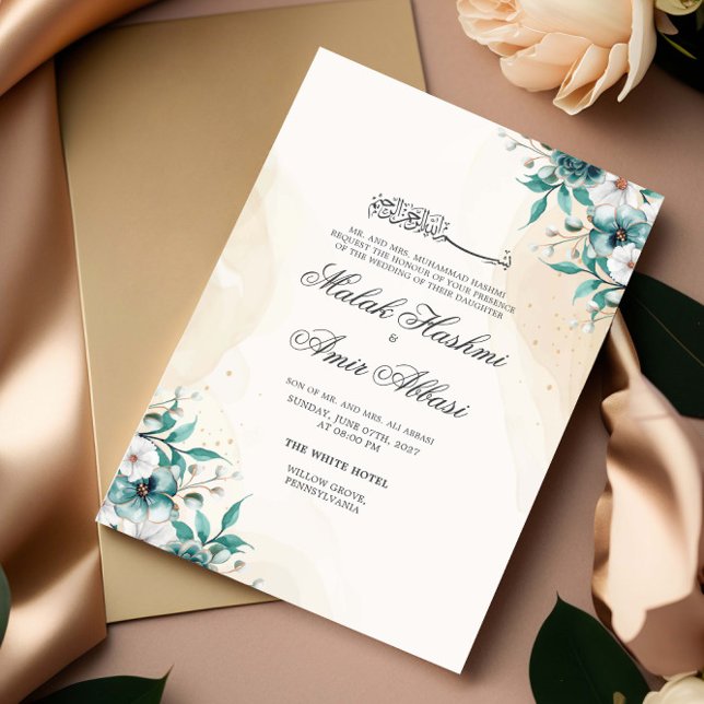 Invitation Lumière verte Floral, Feuille Mariage musulman isl (Créateur téléchargé)