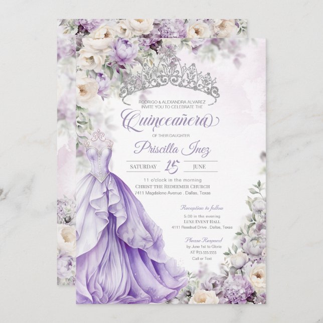 Invitation Lumière violet Élégante Gown Princesse Quinceanera (Devant / Derrière)