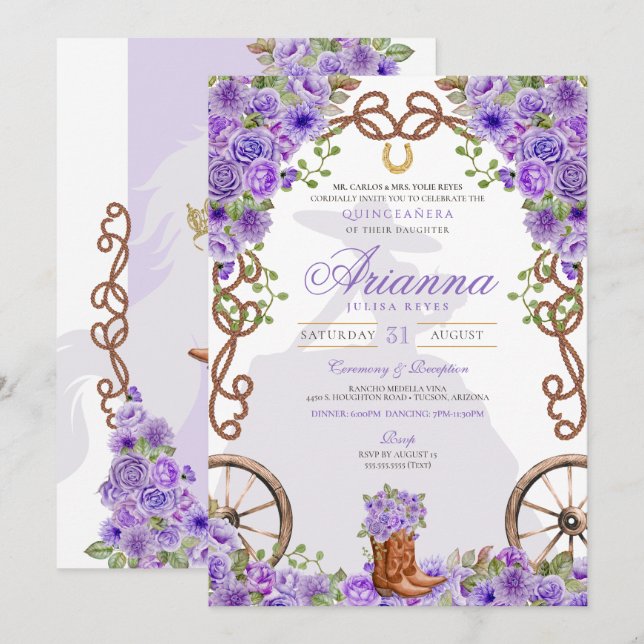 Invitation Lumière violet Floral Ouest Charra Quinceañera (Devant / Derrière)