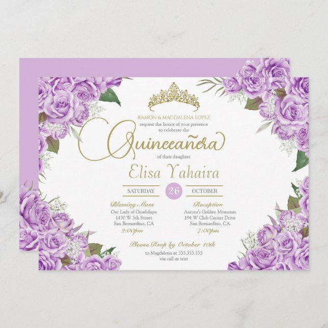 Invitation Lumière violet Rose Floral Or Tiara Quinceanera (Devant / Derrière)