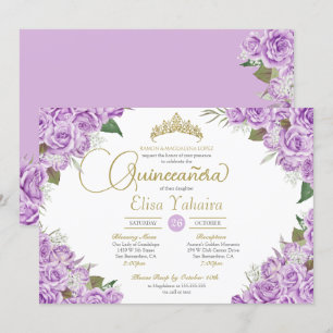 Invitation Lumière violet Rose Floral Or Tiara Quinceanera