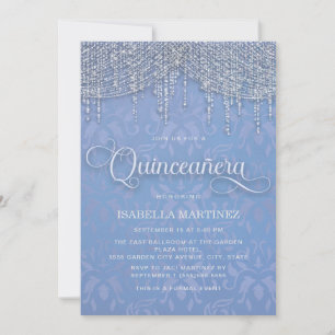 Invitation Lumières à cordes d'argent bleu Damask Quinceañera