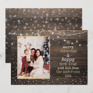 Invitation Lumières à cordes de bois et neige  Photo de Noël 
