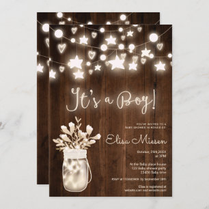 Invitation Lumières à cordes de bois rustique baby shower gar