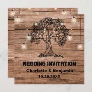 Invitation Lumières à cordes de bois rustique et Mariage d'ar