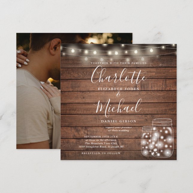 Invitation Lumières à cordes de bois rustique Mason Jar Maria (Devant / Derrière)