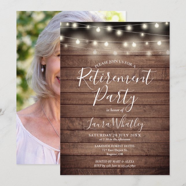 Invitation Lumières à cordes de bois rustique Photo Retiremen (Devant / Derrière)