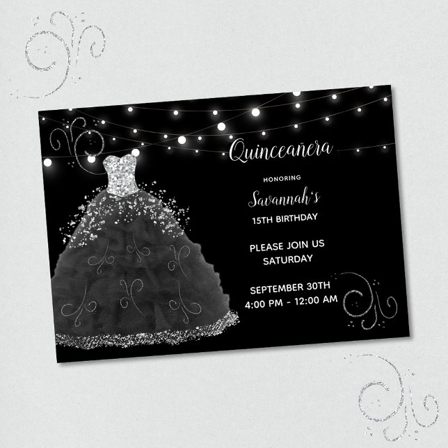 Invitation Lumières à cordes de la Quinceanera noire (Créateur téléchargé)