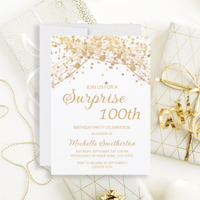 Invitation Lumières à cordes d'or blanc Surprise 100e anniver (Créateur téléchargé)