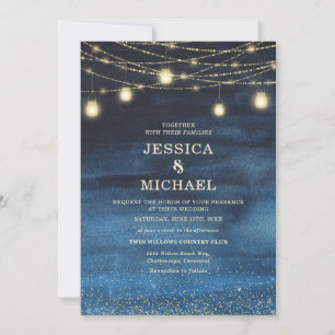 Invitation Lumières à cordes dorées bleu marine Mariage