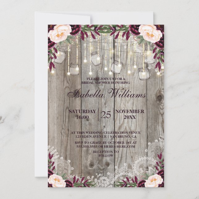 Invitation Lumières à cordes en bois de dentelle rustique |Fê (Devant)