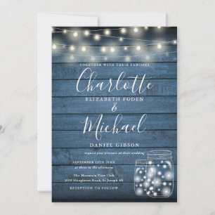 Invitation Lumières à cordes en bois rustique bleu Mariage en