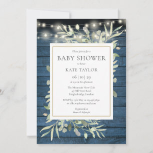 Invitation Lumières à cordes en bois rustique bleu pour Baby