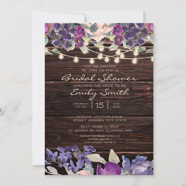 Invitation Lumières à cordes en bois rustique fleurs violette (Devant)