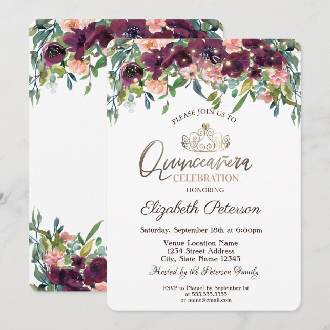 Invitation Lumières à cordes Fleurs Bourgogne Quinceañera (Devant / Derrière)