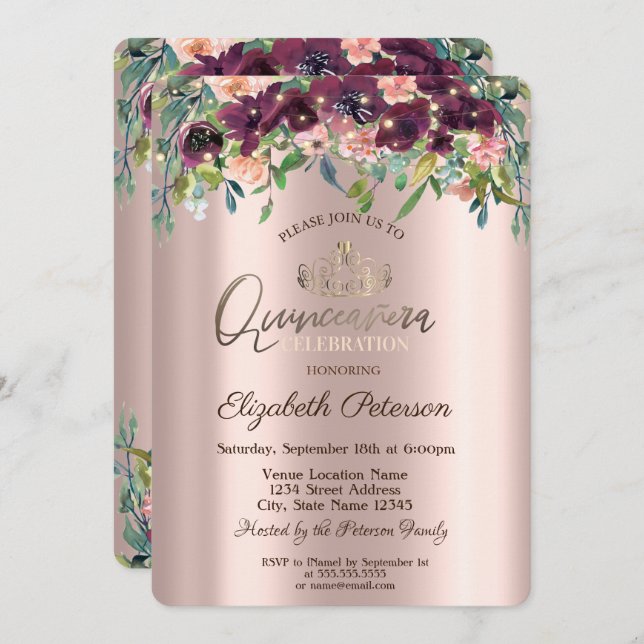 Invitation Lumières à cordes Fleurs Bourgogne Rose Quinceañer (Devant / Derrière)