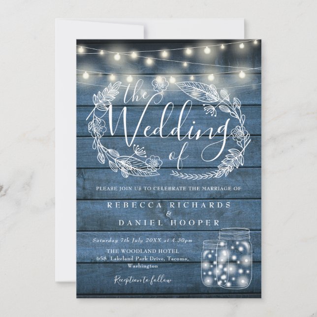 Invitation Lumières à cordes rustiques bleues Mariage en boca (Devant)