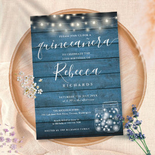 Invitation Lumières à cordes rustiques bleues Script Quinceañ
