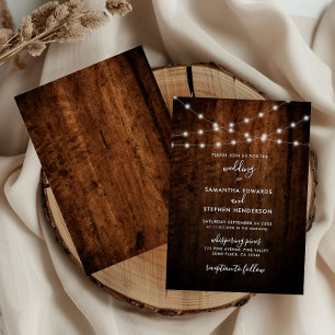 Invitation Lumières à cordes rustiques et Mariage en bois