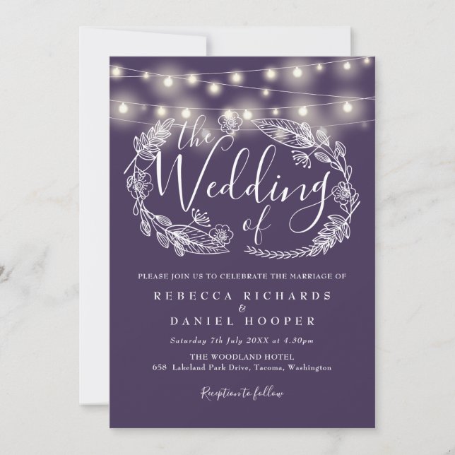 Invitation Lumières à cordes violettes Floral Script Mariage (Devant)