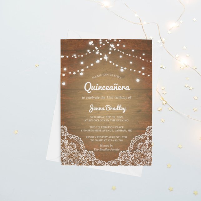Invitation Lumières à dentelle rustique Quinceañera Anniversa (Créateur téléchargé)