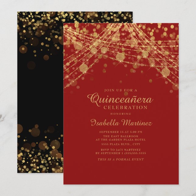 Invitation Lumières à paillettes rouges noires et or pour Qui (Devant / Derrière)