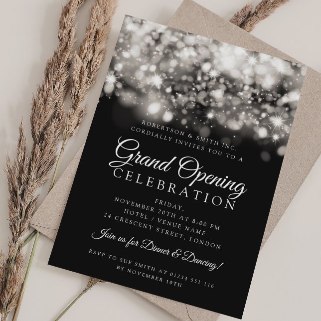 Invitation Lumières argentées formelles d'ouverture grand ent (Formal Corporate Grand Opening Silver Lights Invitation)