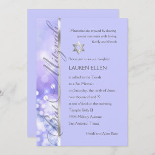 Invitation Lumières bat mitzvah pourpre et bleu étincelante