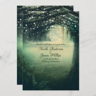 Invitation Lumières bleu vert forêt enchantée Mariage rustiqu