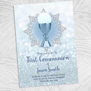 Invitation lumières bleues première communion hôte chalice