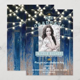 Invitation Lumières bleues rustiques Fête de remise de diplôm