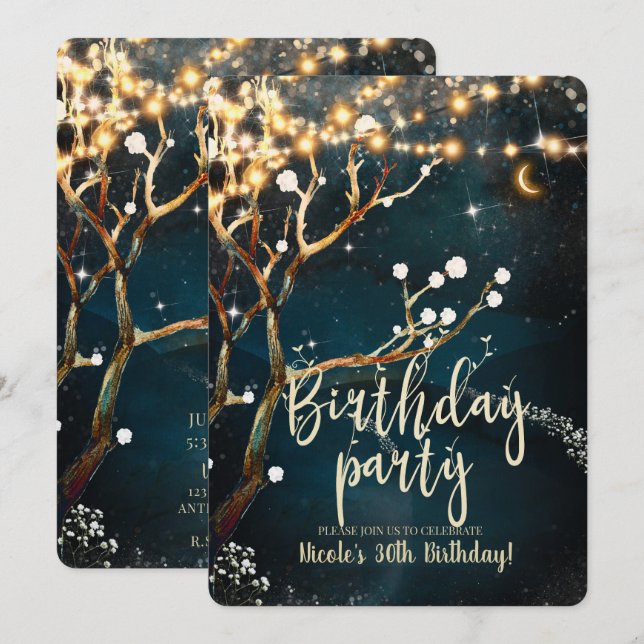 Invitation Lumières d'arbre de soirée rustique Fête d'anniver (Devant / Derrière)