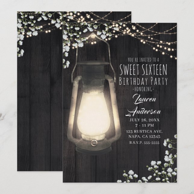 Invitation Lumières de bébé en gypsophile à lanterne rustique (Devant / Derrière)