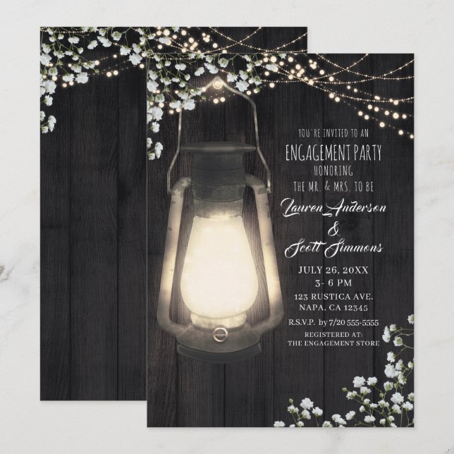 Invitation Lumières de bébé respirant Lanterne Rustique Engag (Devant / Derrière)