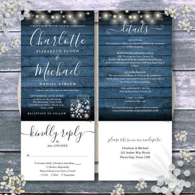 Invitation Lumières de bocaux de maçon rustiques bleus tout e (Blue Rustic Mason Jars Lights All In One Wedding Invitation)