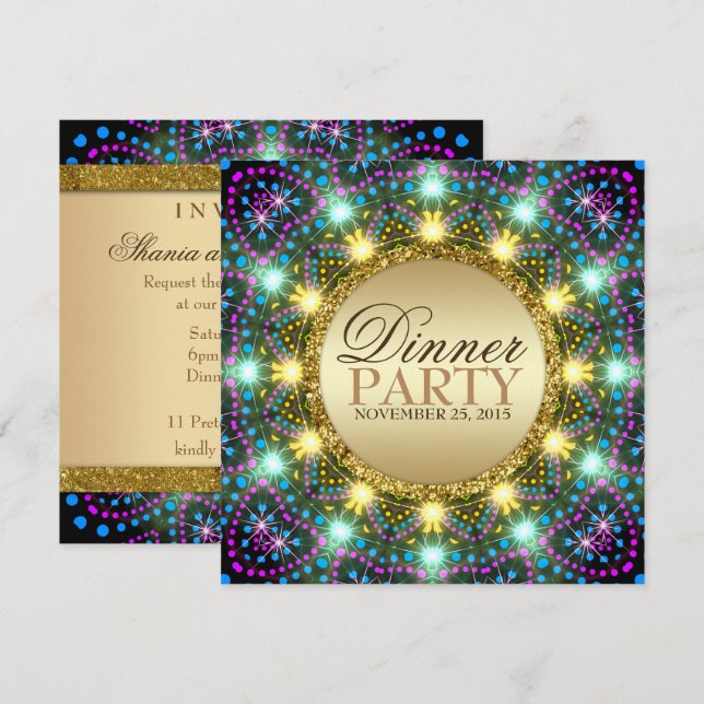 Invitation Lumières de Bohème Couleurs Pailletées d'Or (Devant / Derrière)