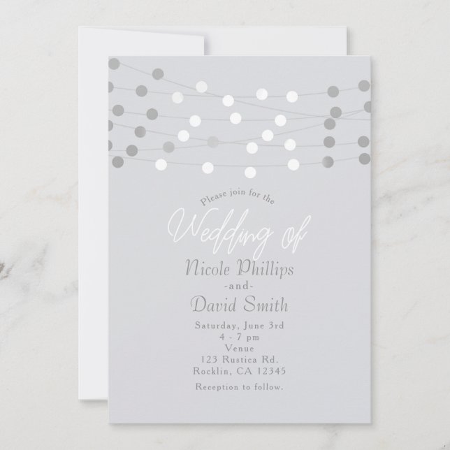 Invitation Lumières de chaîne d'argent blanc Mariage Moderne  (Devant)