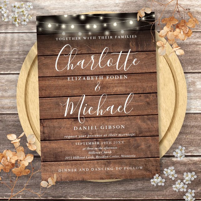 Invitation Lumières de Chaîne de Bois Rustique Mariage (Rustic Wood String Lights Script Wedding Invitation)