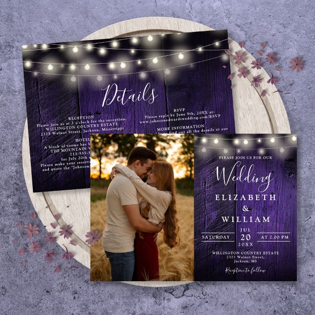 Invitation Lumières de Chaîne de Bois Violet Tout en Un Maria (All In One Purple Wood String Lights Wedding Photo Invitation)