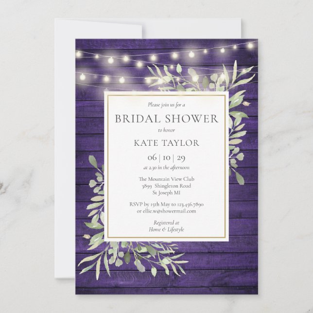 Invitation Lumières de Chaîne de Bois Violet Verdure Shower d (Devant)