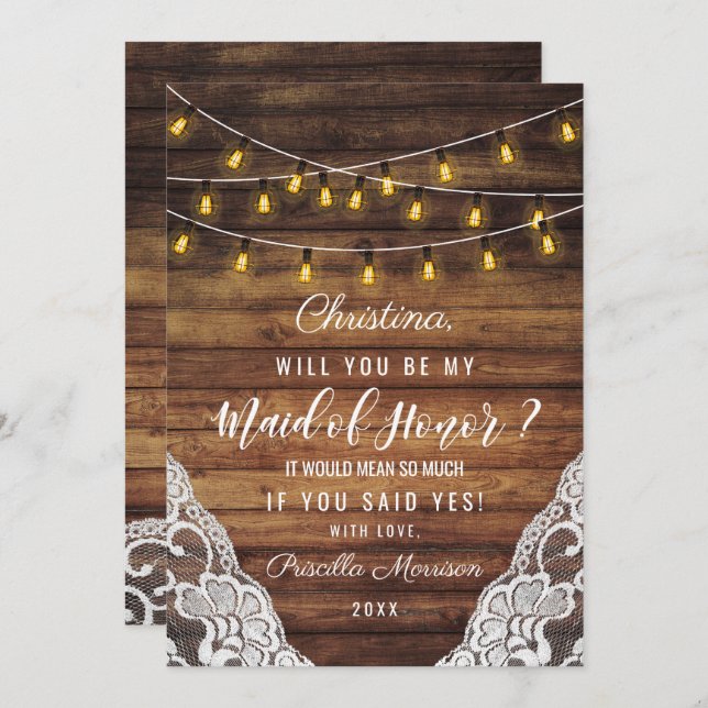 Invitation Lumières de Chaîne de Campagne Rustique en Bois av (Devant / Derrière)
