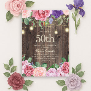 Invitation Lumières de Chaîne de Fleurs Roses Violettes Rusti