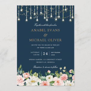 Invitation Lumières de Chaîne de Mariage Élégantes Floral Blu